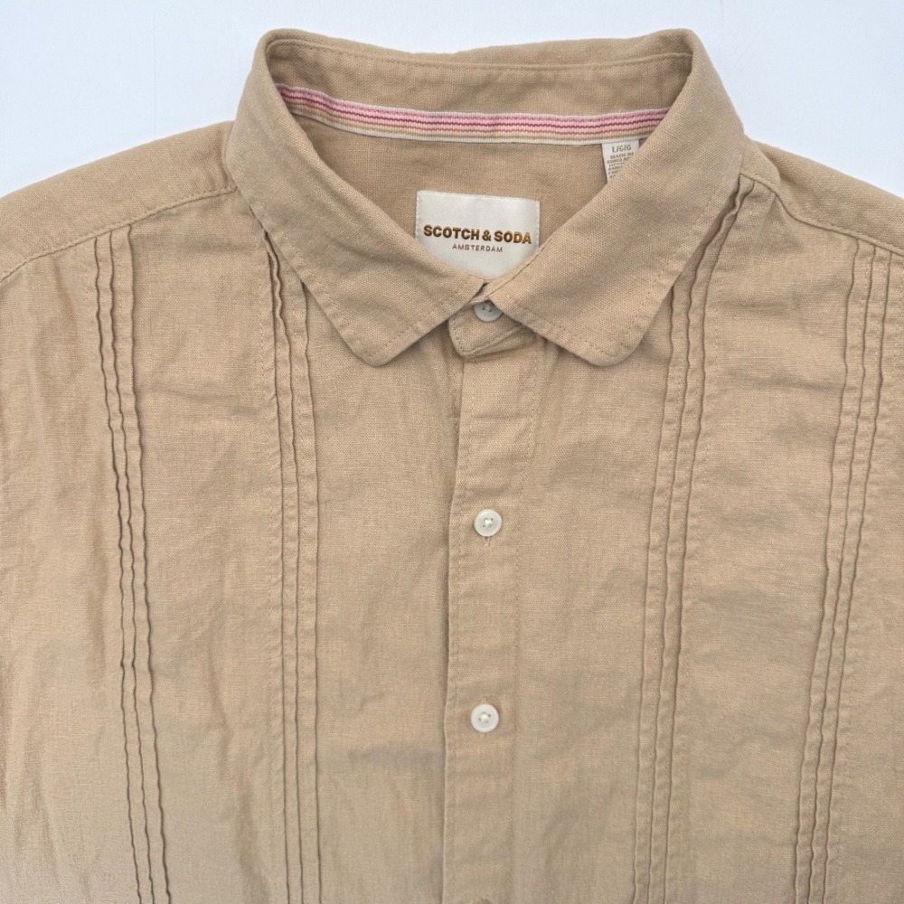 Scotch & Soda Shirt Mens Large Tan Linen Blend Pintuck Short Sleeve Button Down